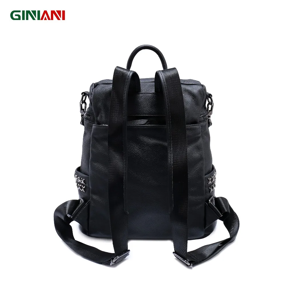 Bolsas de Ombro Giniani Couro Genuíno Superior Sólido Preto xx Rebite Mochila Unisex Legal Estilo Rock Frente Zíper 5 Cheap Mochilas