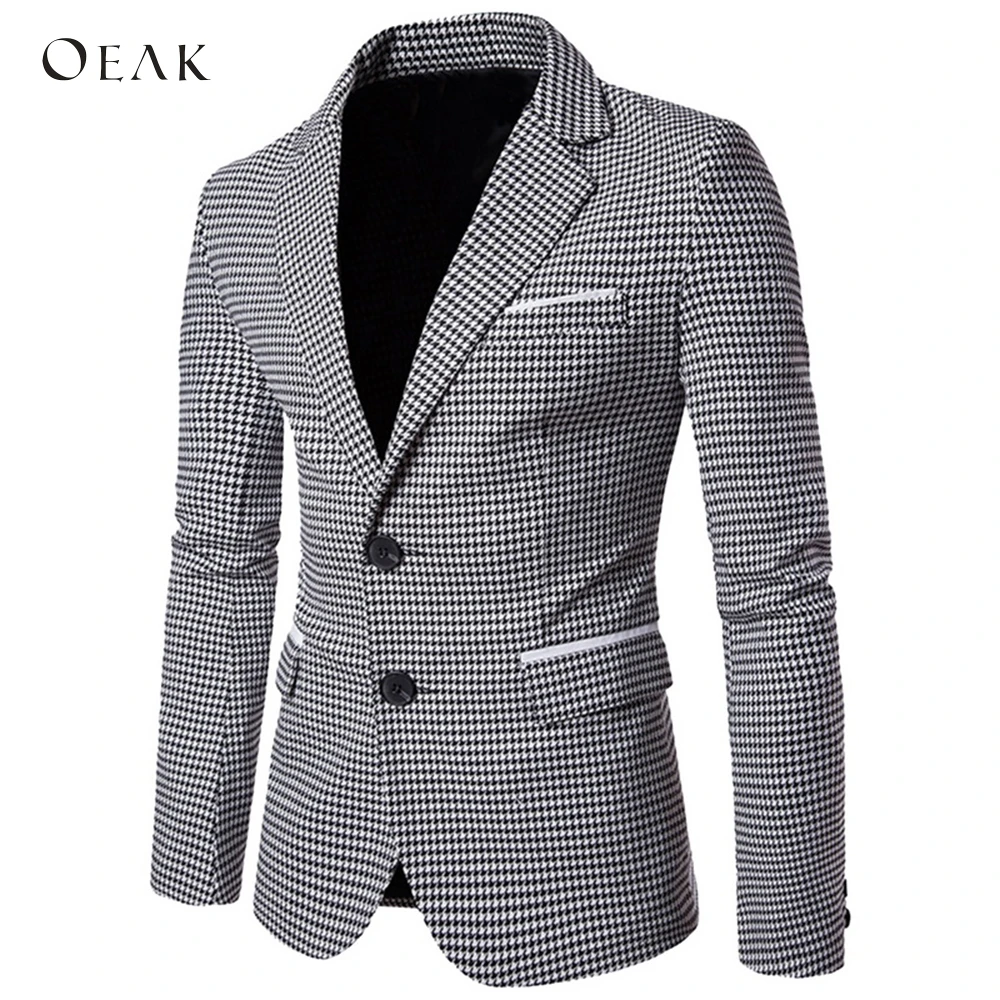 Oeak Patchwork White Black Plaid Printed Men Business Suit Jacket Slim