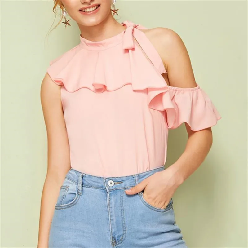 

2019 Sweet Womens Cold Shoulder Tee T-Shirt Halter Lace-up Tunic Tops Summer Girls Ladies Ruffles Shoulderless Tops Solid