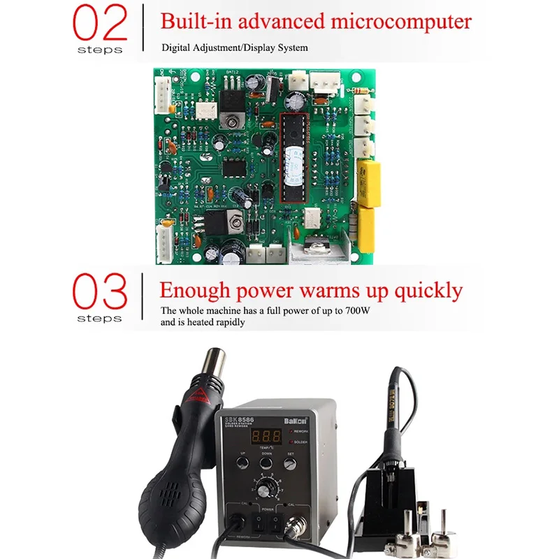 Bakon SBK8586 2 в 1 паяльная станция фена постоянная температура цифровой дисплей Автоматический Режим сна паяльник для SMT Rework