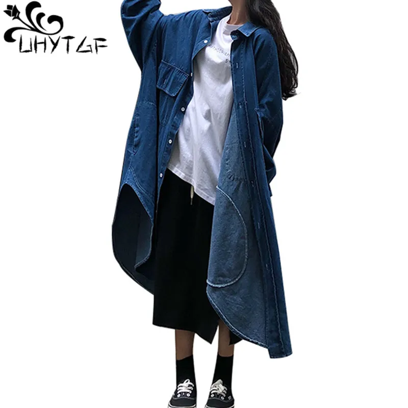 

UHYTGF Loose Oversized coat women's vintage spring denim jacket Single-breasted long jeans windbreaker outerwear plus size 142