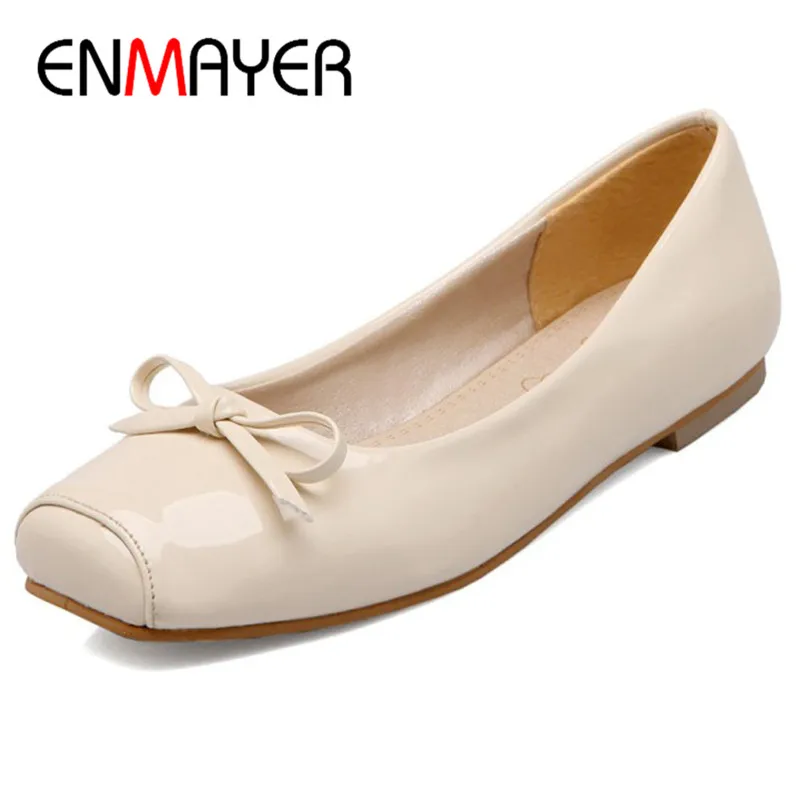 

ENMAYER Patent Leather Shoes Woman Bowties Shoes Large Size 34-47 Flats Office Ladies Loafers Shoes Slip-on Black Red Beige