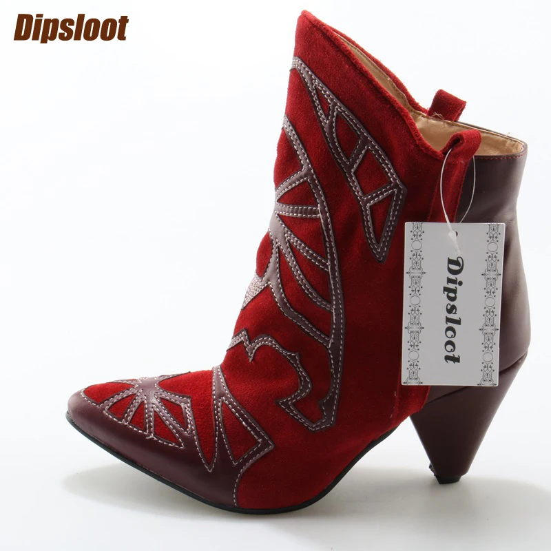 Fashion Burgundy Suede Leather Women Pointy Toe Ankle Boots Leather Patchwork Ladies Finger Heel Boots Slip On Knight Boots