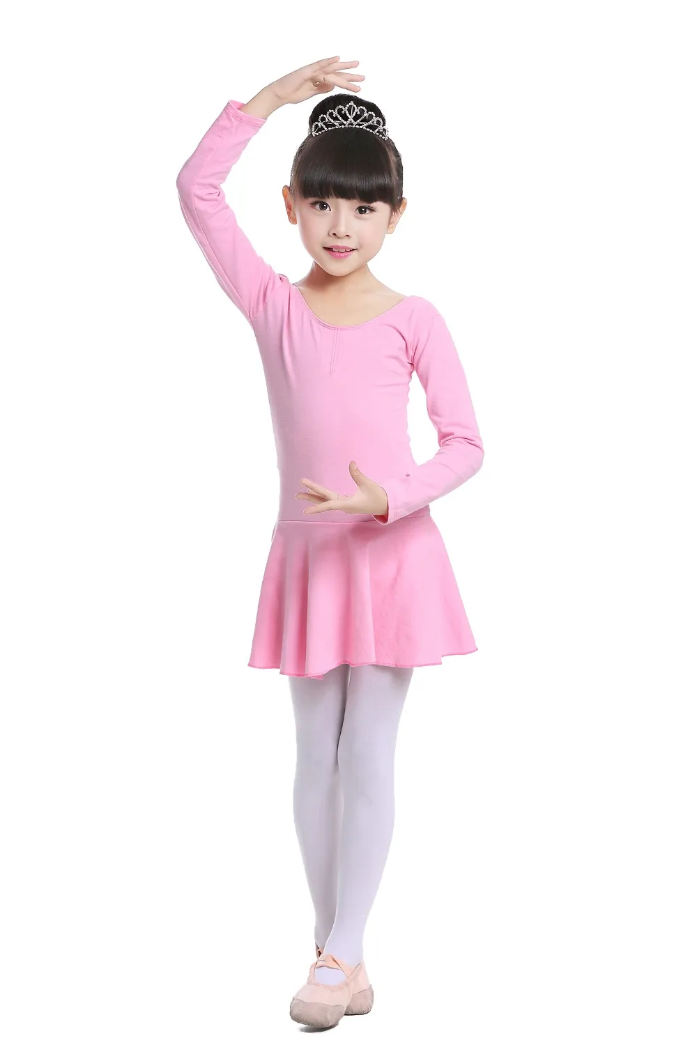 Pink Cotton Formal Ballet Dress for Girls Long Sleeves Shiny Ballet leotard for Dance Kids Gymnastics Professional Tutu Dress (3)