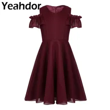 Платья До Колена с цветочным узором для девочек для свадебной вечеринки; Сетчатое платье с оборками на рукавах и открытыми плечами; платье для дня рождения для девочек