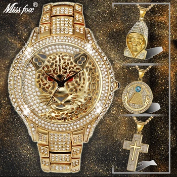 

Hip Hop Iced Out Full AAA Cubic Zirconia Tiger Luxury Mens Watches Cross & Skull & Eye of Provi Dence Crystal Pendant Combo Set