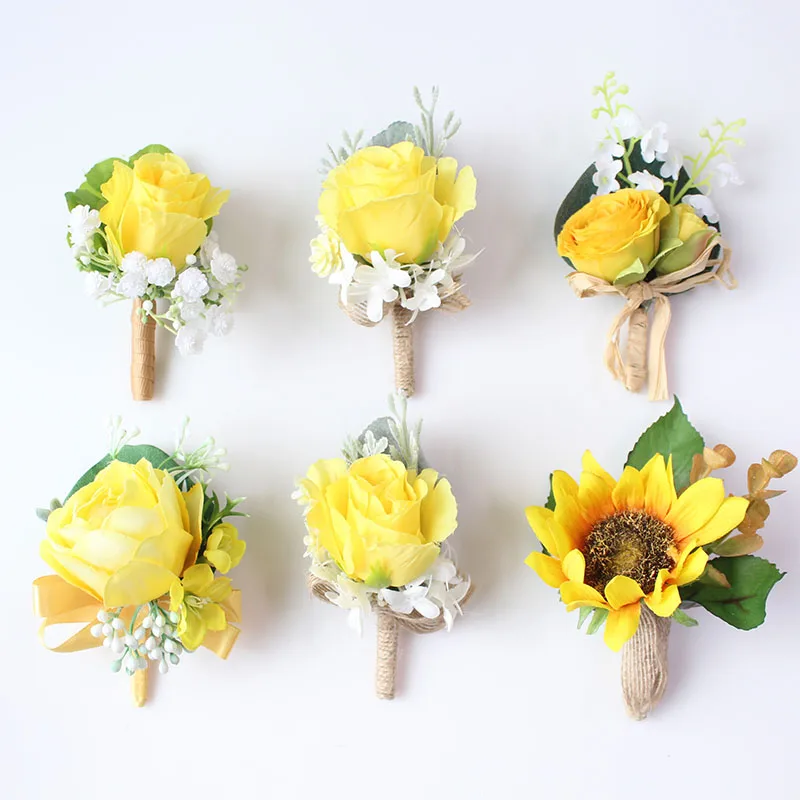 Boutonniere Flowers wedding wrist corsage flowers silk roses yellow  (27)