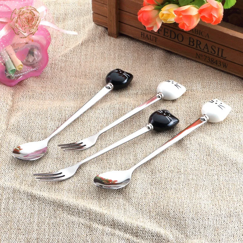 

Cat Shape Handle Coffee Spoon Dessert Spoon Fork Food Grade Stainless Ice-Cream Candy Tea Spoon Fruit Fork Dishes Tableware