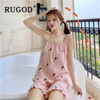 

RUGOD Japanese simple sleeveless pajamas women Elegant ruffles printed cotton pajama sets female spaghetti strap casual homewear