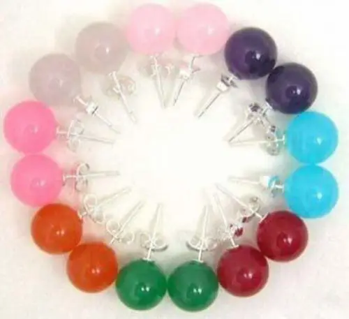 

free shipping of new fashion charming 8 sets 10mm Multicolor jades chalcedony stone round beads stud Earring BV114