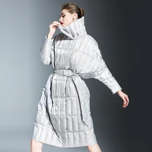 Высокое качество, женский зимний пуховик, европейский модный дизайн, подиумный стиль, женский длинный пуховик с поясом