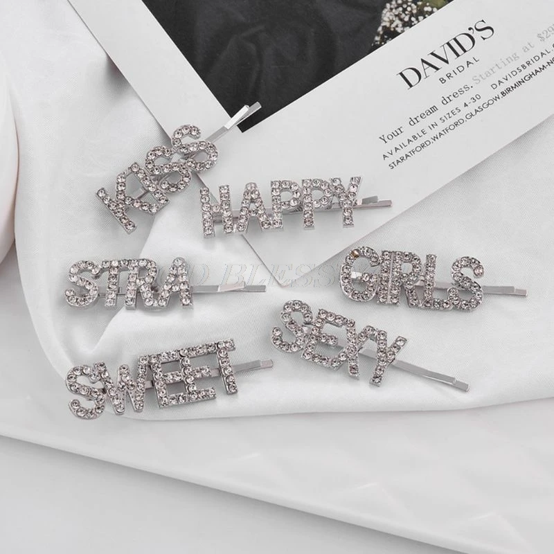 

3Pcs Metallic Silver Shimmer Rhinestone Ladies Hair Clip Funny Word Capital Letters One Word Hairpin Banquet Side Bangs Barrette