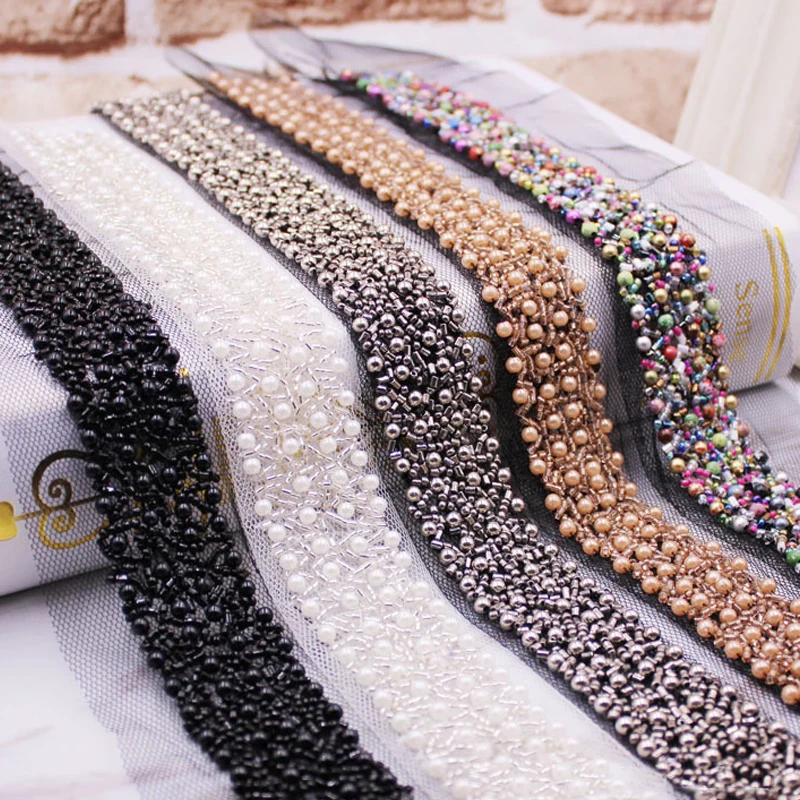Handmade Beads Lace Rhinestone 3cm Mesh Ribbon Imitate Pearl Lace Trim