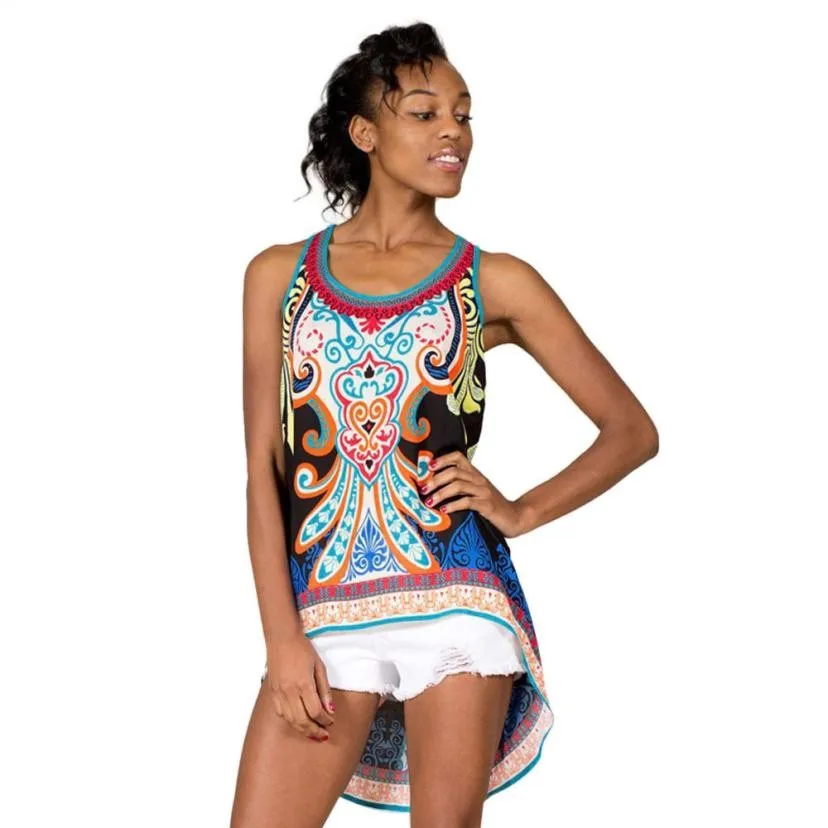 Women Sleeveless Bohemian Print Irregular Casual Vest Blouse Tank Tops