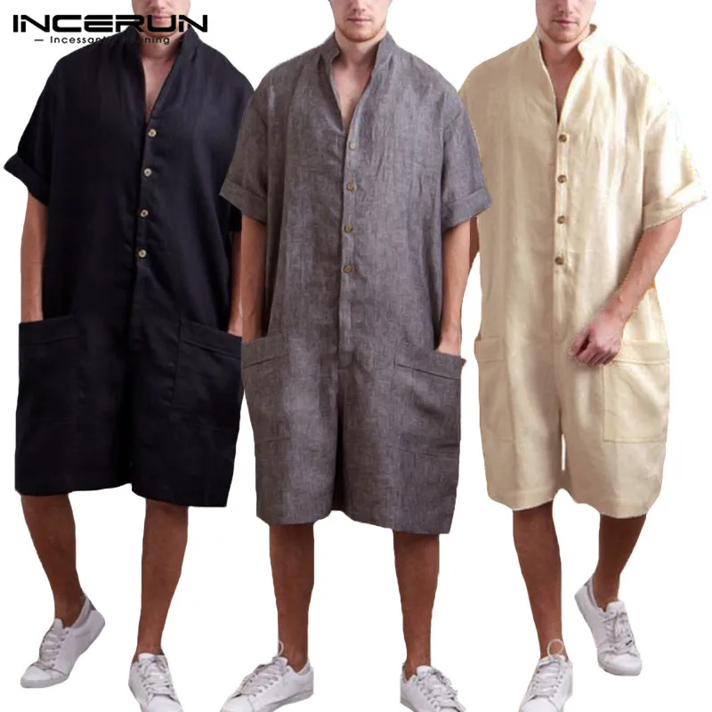 

Chic 2019 Vacation Man Overall Romper Baggy Pants Casual Ramper Short Sleeve Button Big Pockets Loose Jumpers Joggers Playsuits