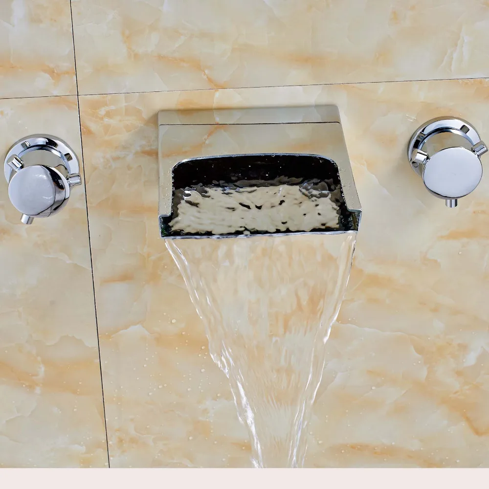 

Contemporary Square Waterfall Spout Chrome Polish Sink Tub Faucet Mixer Tap Ceramic Valve Faucet