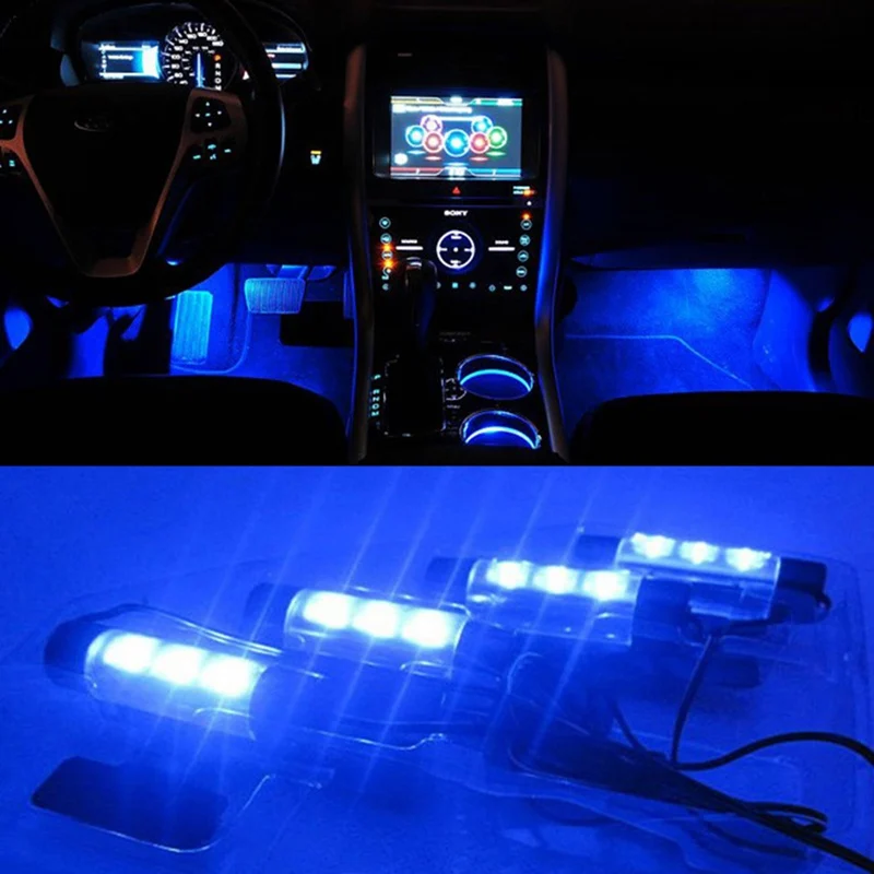 Синий 4 в 1 12V 4x3 светодиодный светильник для салона автомобиля, декоративный атмосферный светильник, автомобильный светильник s