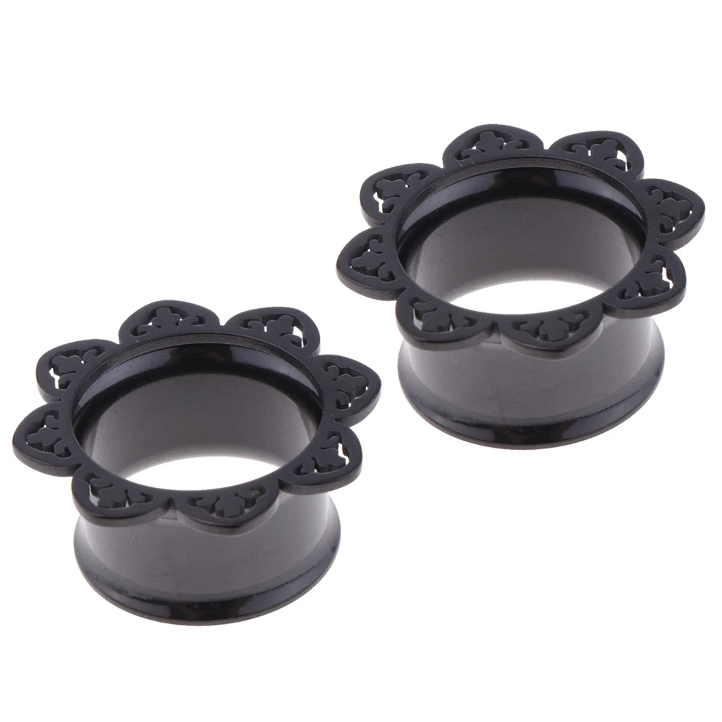 2Pieces Black Flower Stainless Ear Flesh Tunnels Flared Earrings Gauges 8mm