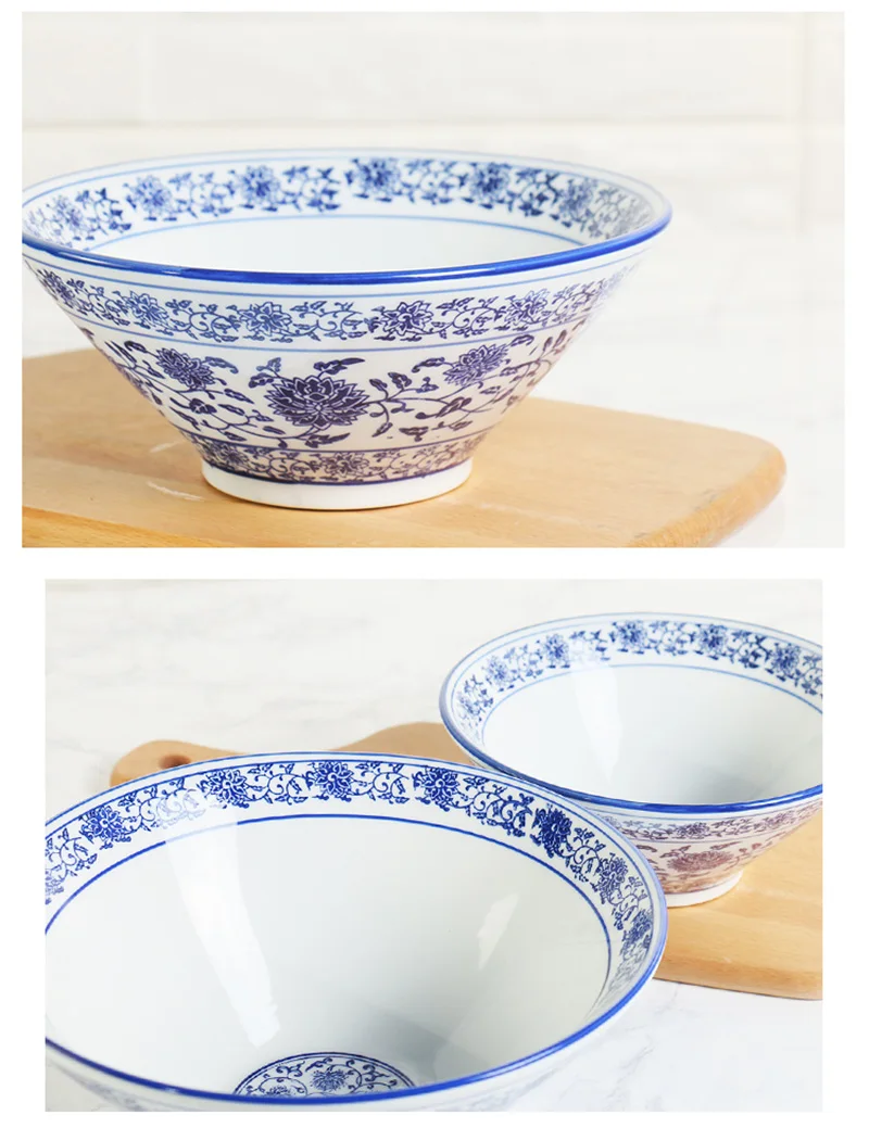 Винтажная Керамическая Сине-белая фарфоровая чаша, высокая емкость, миска для супа, лапши, фруктовый салат, большие миски, посуда для ресторана и кухни