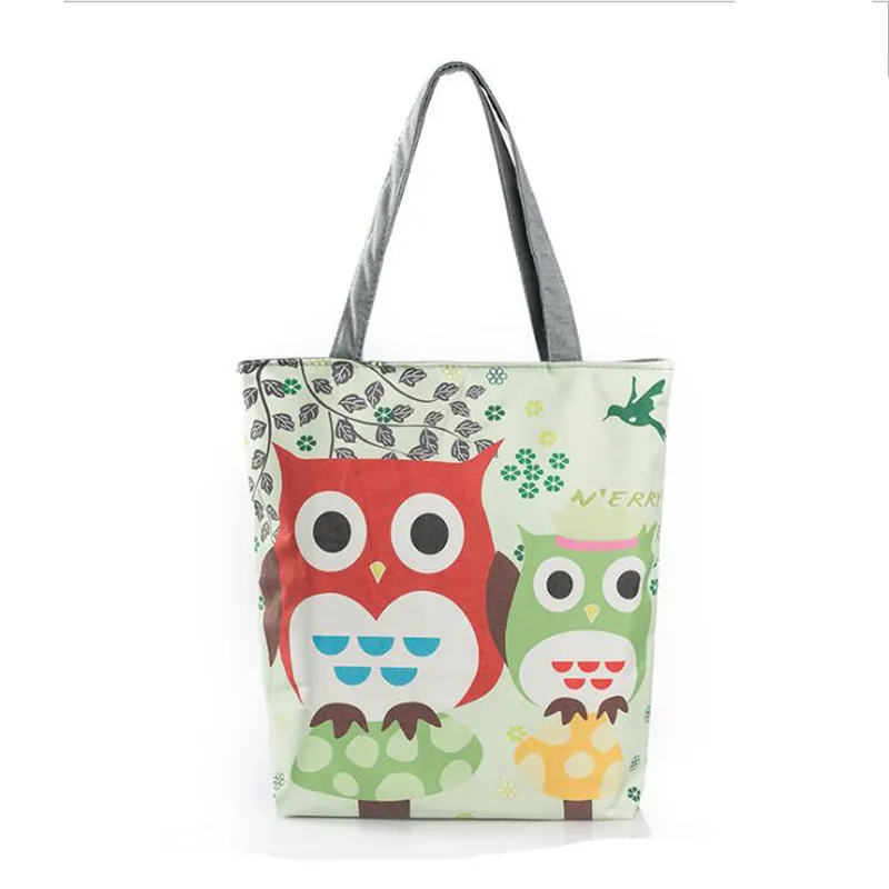 Floral And Owl Printed Canvas Tote Bag Travel Shoulder Bags Causal Lady
