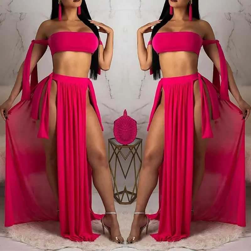 

Womens Sexy 3Pcs Bikini Set Off Shoulder Bandeau High Cut Thong Cover Up Skirt Solid Color Swimsuit Lace Up Bandage Bathing Suit