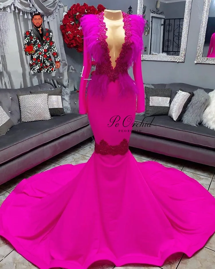 PEORCHID Elegant Fuchsia Evening Dress Long Sleeves Deep V Neck Satin Abendkleider 2019 Feather Lace Mermaid Trumpet Formal Gown PEORCHID Elegant Fuchsia Evening Dress Long Sleeves Deep V Neck Satin Abendkleider 2019 Feather Lace Mermaid Trumpet Formal Gown