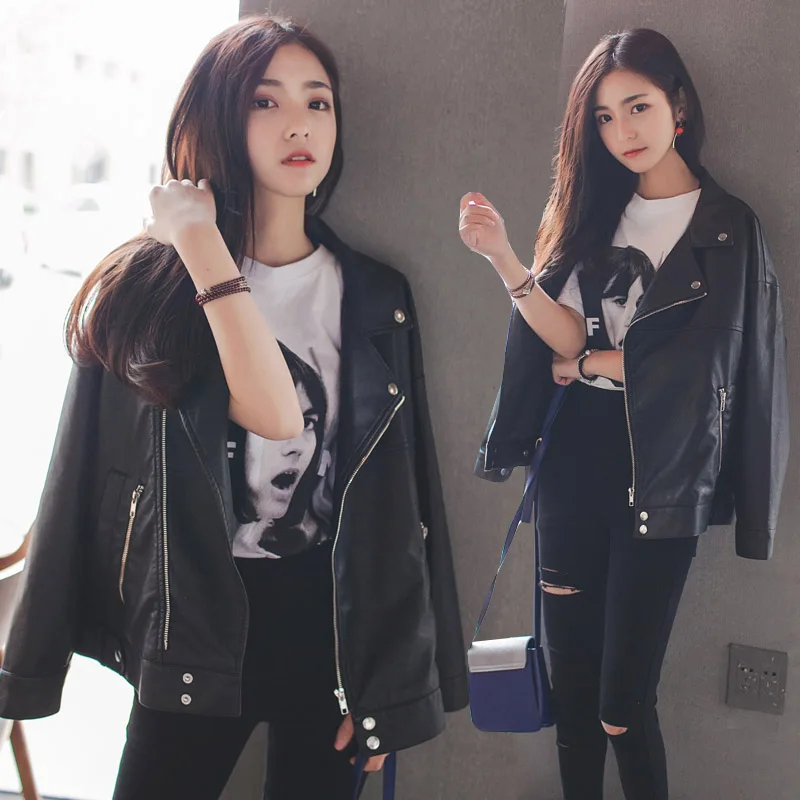 

2019 New Fashion Large size Solid color Women Leather & Suede Jacket Spring Autumn Loose Short paragraph Leather Jacket NUW81