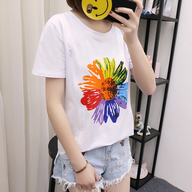 

2019 summer sunflower printed lactationt-shirt postpartum women short sleeve o-neck maternity cotton breastfeeding tees nursing