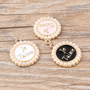 

100pccs 20*23mm gold color alloy French word Je t aime Charms French Je Taime Pendant with pearl 3 Different Colors Diy CH0280