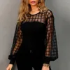 Sexy Lace Mesh Shirt Women's Summer Solid Color Stripe Long Sleeve O Neck Hollow Casual Blouse Tops Shirts Female Blouse