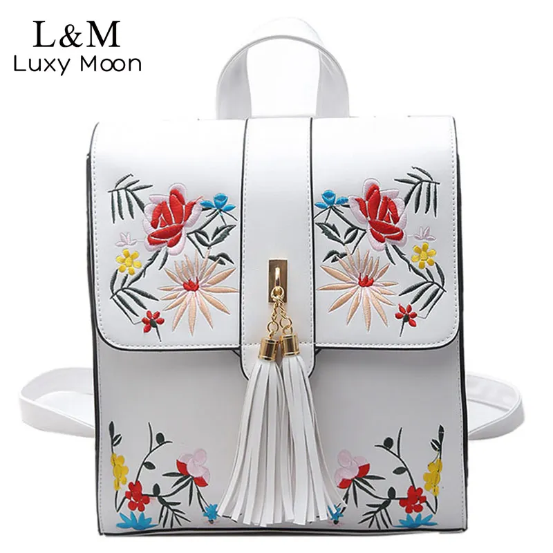 LUXY MOON Women Backpack PU Leather Backpacks Floral Bags Fashion Tassel Teenage Girls Embroidery Rucksack 2017