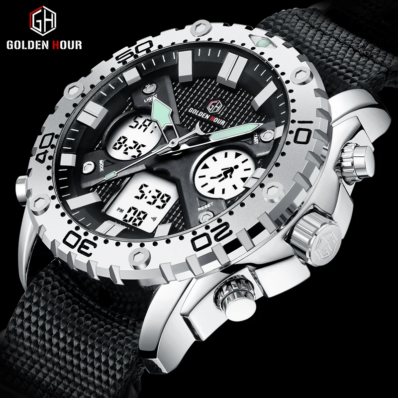

GOLDENHOUR 2019 Top luxurious Sports Fashion Men Watch Waterproof Analog Digital Wristwatch Dual Display Silver Case Male Clock