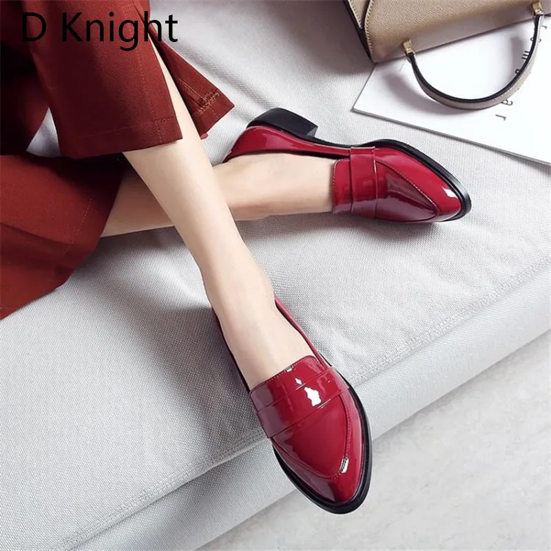 Large Size 32-43 Lady Casual Flat Loafers Shoes Fashion Patent Leather Pointed Toe Women's Flats British Black Red Women Oxfords (8)