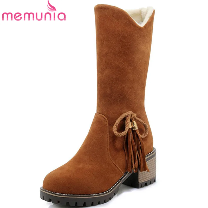 

MEMUNIA 2019 new arrival mid calf boots women round toe flock winter snow boots slip on high heels boots casual shoes woman