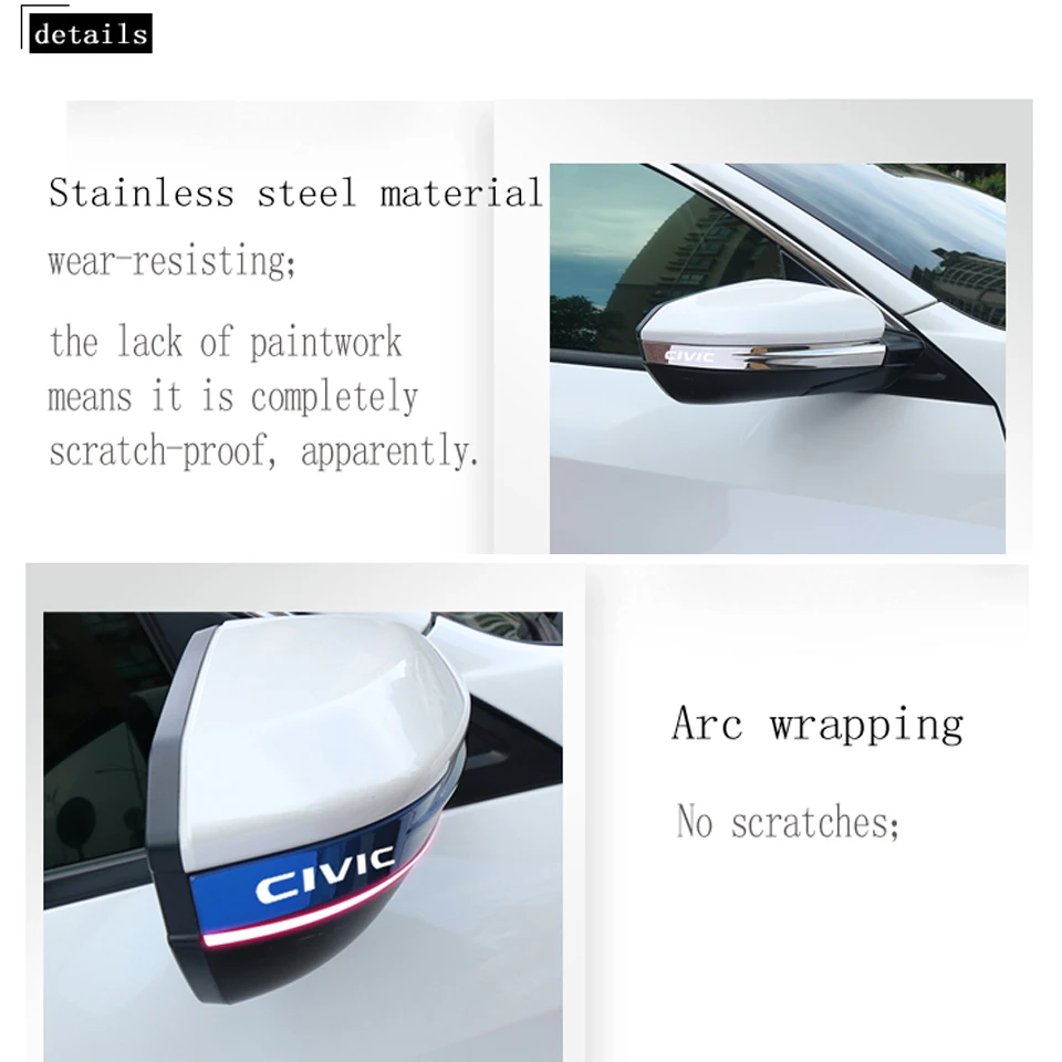 Auto Car Styling Stainless Steel Rearview Mirror Trims Stickers For Honda Civic 10th Civic Accessories