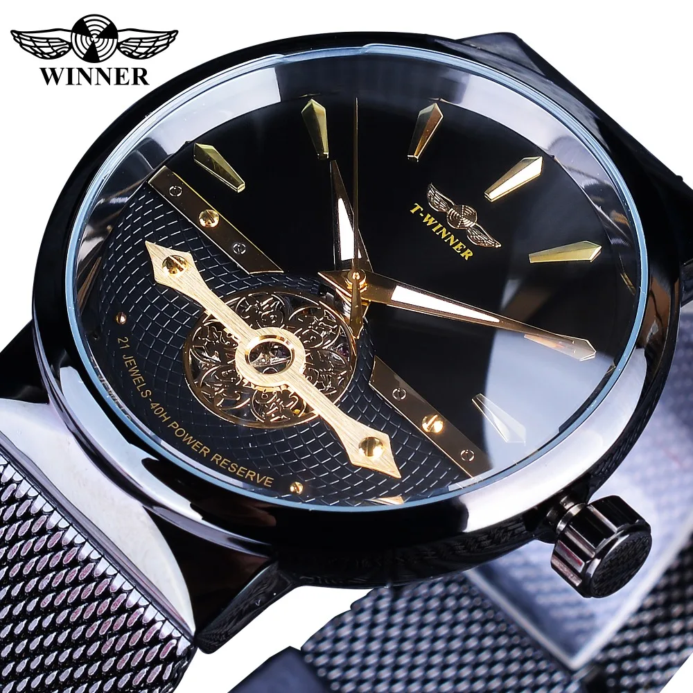 

Winner 2019 Fashion Black Golden Mesh Belt Waterproof Luminous Hands Mechanical Wrist Watches Top Brand Luxury Business Clock