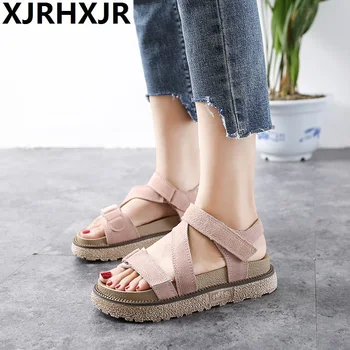 

2020 Women Sandals Shoes Summer Suede Leather Thick Heel Wedge Platform Sandals Ladies Ankle Strap Retro Flat Sandals Women 43