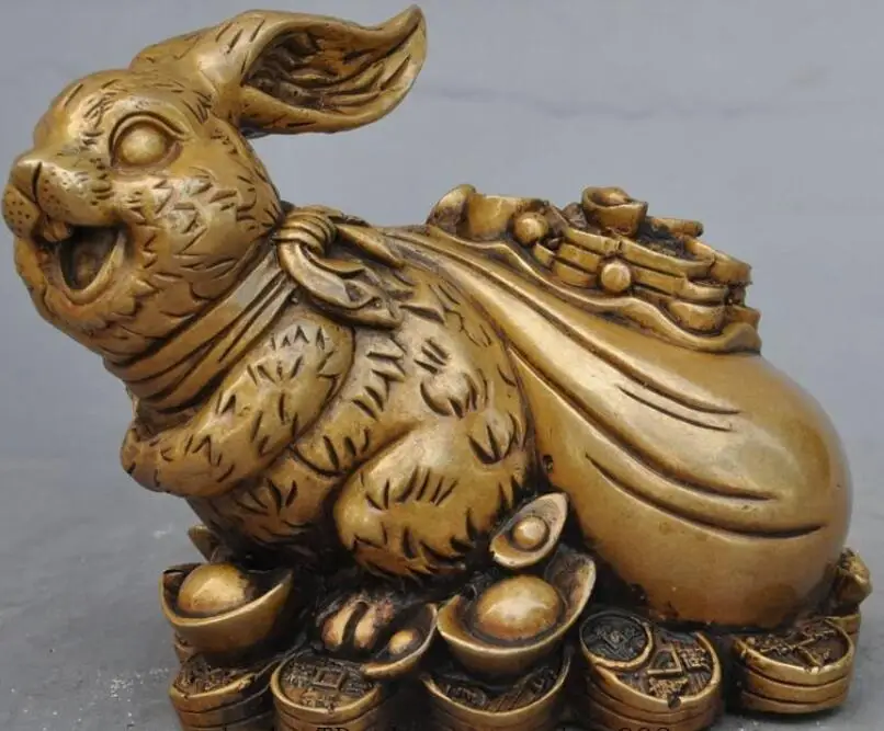 5"Old Chinese Fengshui Bronze wealth moneybag Lovely Zodiac Rabbit