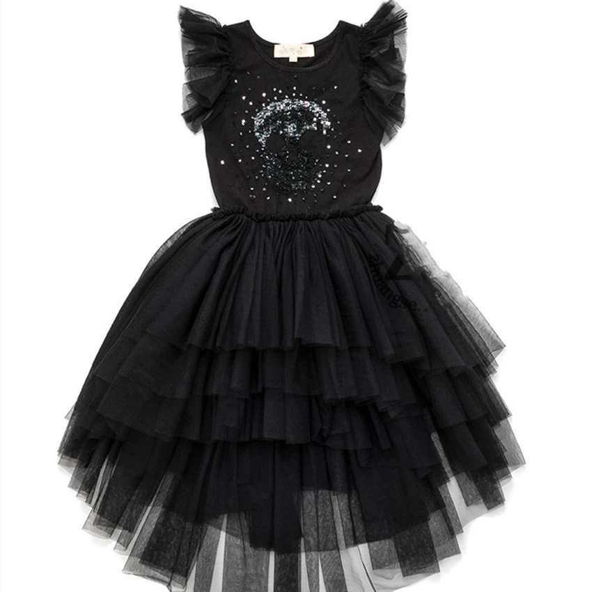 

Spring Summer 2019 Solid Black Baby Girl Dresses Kid Clothes for Girls Mesh Princess Sleeveless Fashion Tutu Irregular Fold 1-9Y