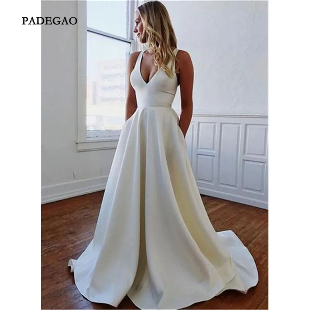 White Satin V Neck Open Back Long Prom Dress With Bowknot Wedding Dresses 