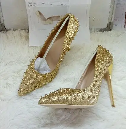 

Women Gold Bling Bling High Heel Pumps Rivets Decoration Pointed Toe Metal Heel Dress Shoes Slip On Shallow Pumps Office Lady