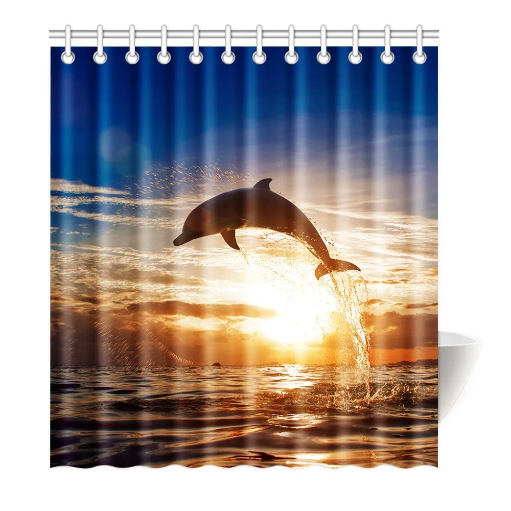 Shower Curtain Dolphins Jumping at Sea Life Sunset Ocean Water Waves