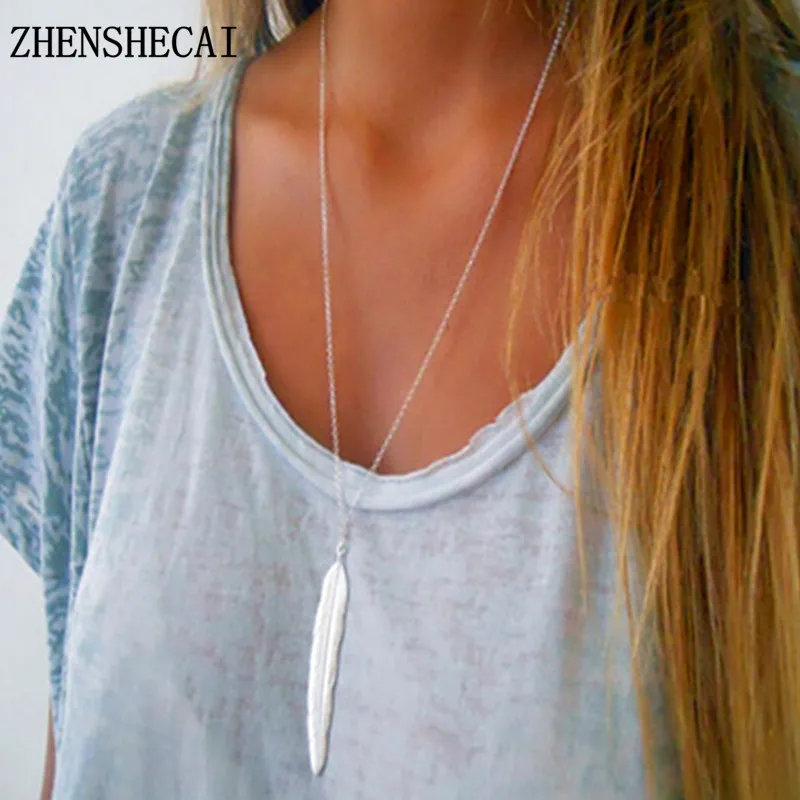 

2017 New Fashion womens vintage long necklace jewelry silver color simple feather pendant necklaces colar Jewelry gifts X155