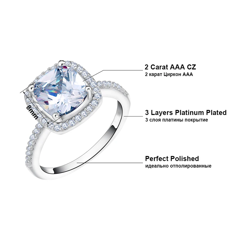ORSA JEWELS Top Grade Wedding Ring with Big Size 2 Ct Cushion Cut Cubic Zircon Ring Luxury Engagement Ring for Women OR94