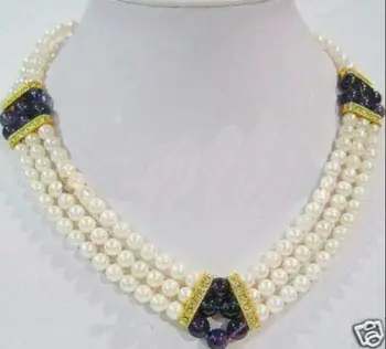 

FREE SHIPPING Beautiful 3row white pearl &purple necklace