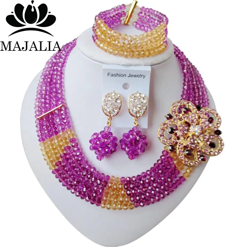 Majalia модный в Африканском нигерийском стиле на свадьбу бусы ювелирный набор черный кристалл колье, Свадебные украшения наборы 3CS001 - Окраска металла: Purple