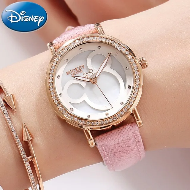 Disney Mickey Girl's Rhinestone Watch 100% Original New Quartz Whatch Pink Leath Disney Mickey Girl's Rhinestone Watch 100% Original New Quartz Whatch Pink Leath