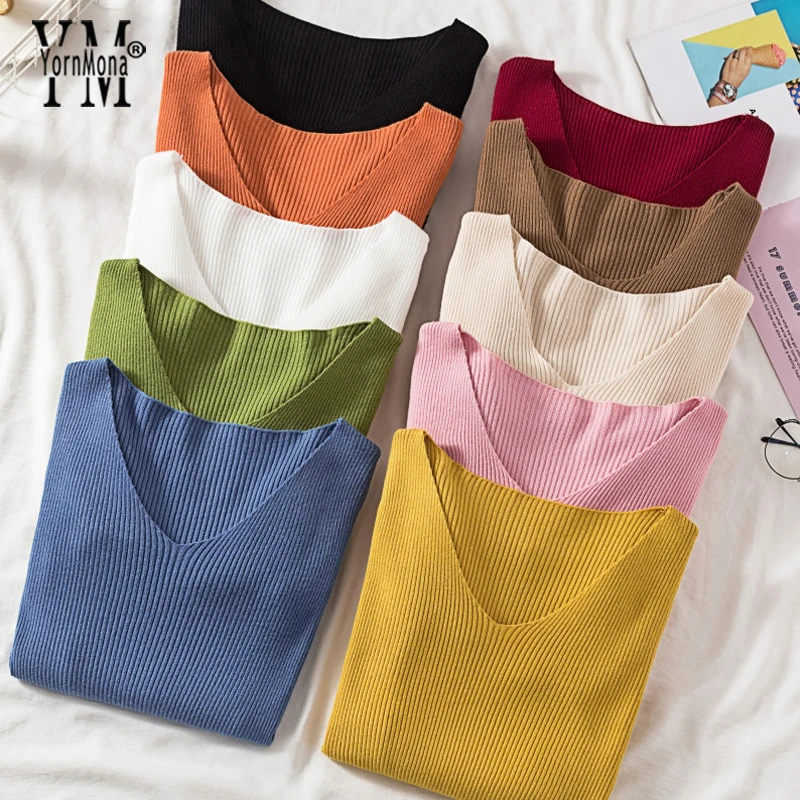 

YornMona Colorful Basic Women Sweater 2019 New Thin Fashion Autumn V Neck Pullovers and Sweaters Female Blouse Knit Sweater
