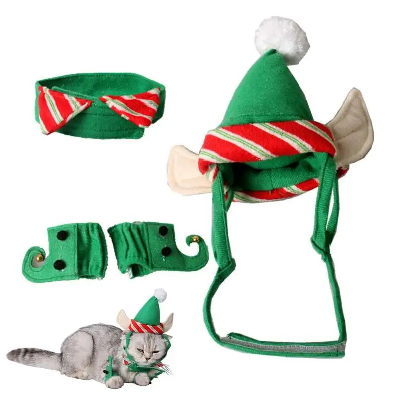 

4pcs Set Pet Suits Cute Cats Ely Costumes Suits Home Party Christmas Festivals Green Clamp Cat Hat Ear Hole Dog Decor