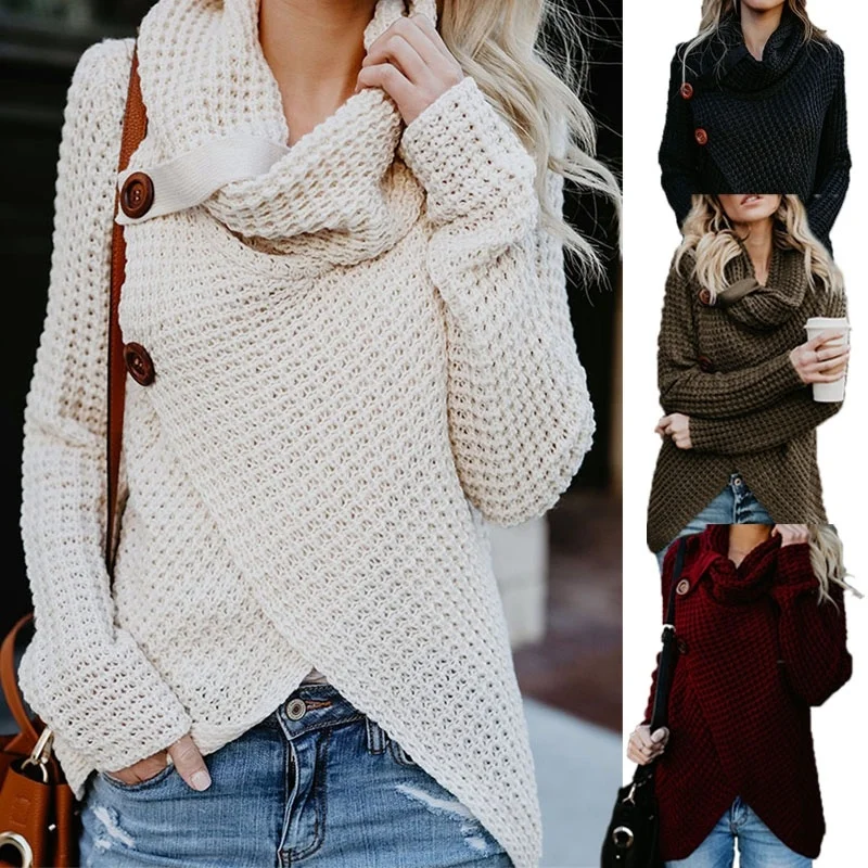 Winter Women's Fashion Knit Sweater Buttons Loose Cardigan Coat Warm High Collar Irregular Sweater 2XL
